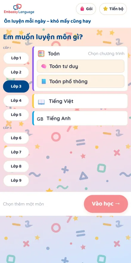 Màn hình Ôn Luyện: Chọn lớp và môn