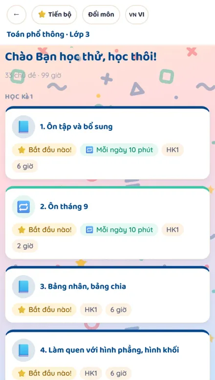 Màn hình Ôn Luyện: Chọn chủ đề