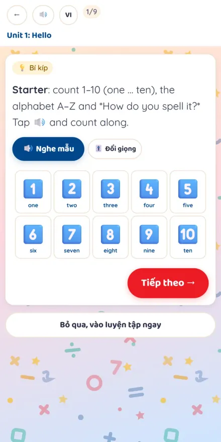Màn hình Ôn Luyện: Tiếng Anh có cô đọc mẫu